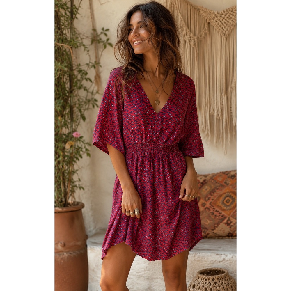 Khush Red Blue Boho Rayon Smocked Waist V-Neck Mini Dress Size XL